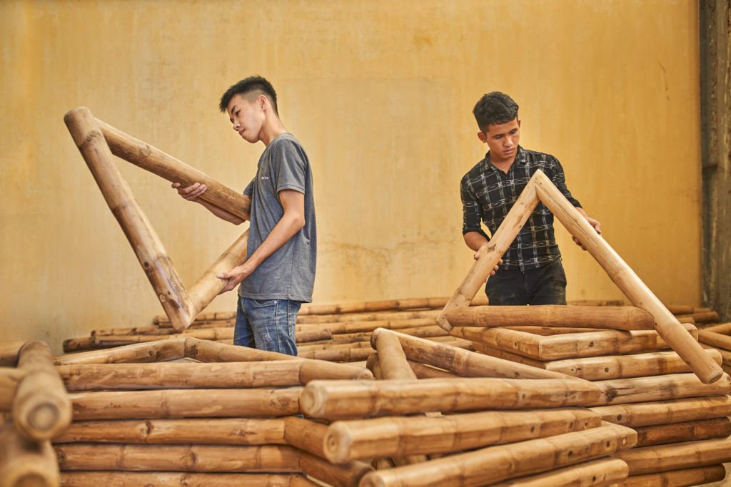 Bamboo housing production underway at the workshop