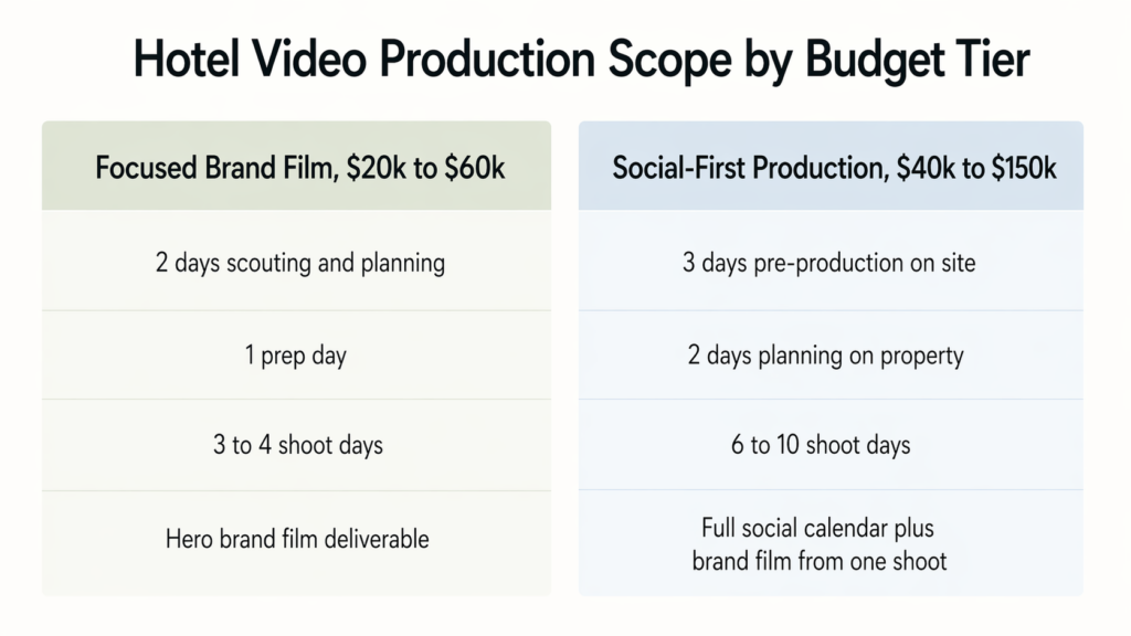 Hotel video production budget tier comparison: Focused Brand Film at $20,000 to $60,000 and Social-First Production at $80,000 to $150,000