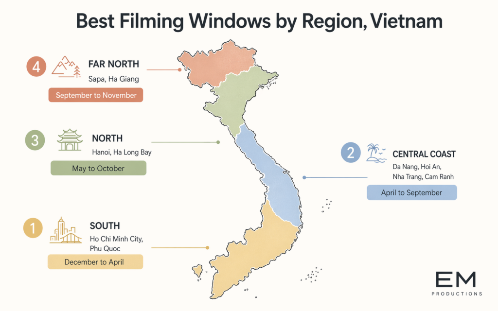 Vietnam shoot-window map showing South, Central, North, and Far North regions with their ideal hotel video production months