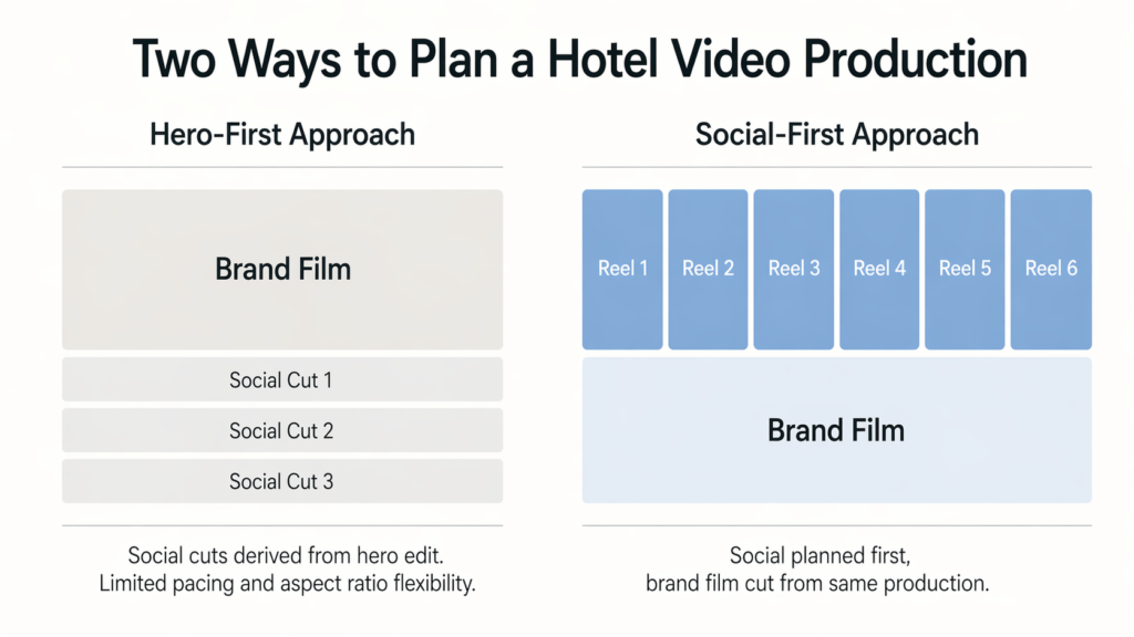 Diagram comparing hero-first and social-first hotel video production output structures